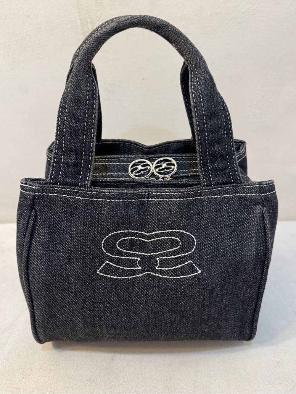 Savoy Black Denim Small Tote Bag with Stitch Detail Lined Charm Top Handle